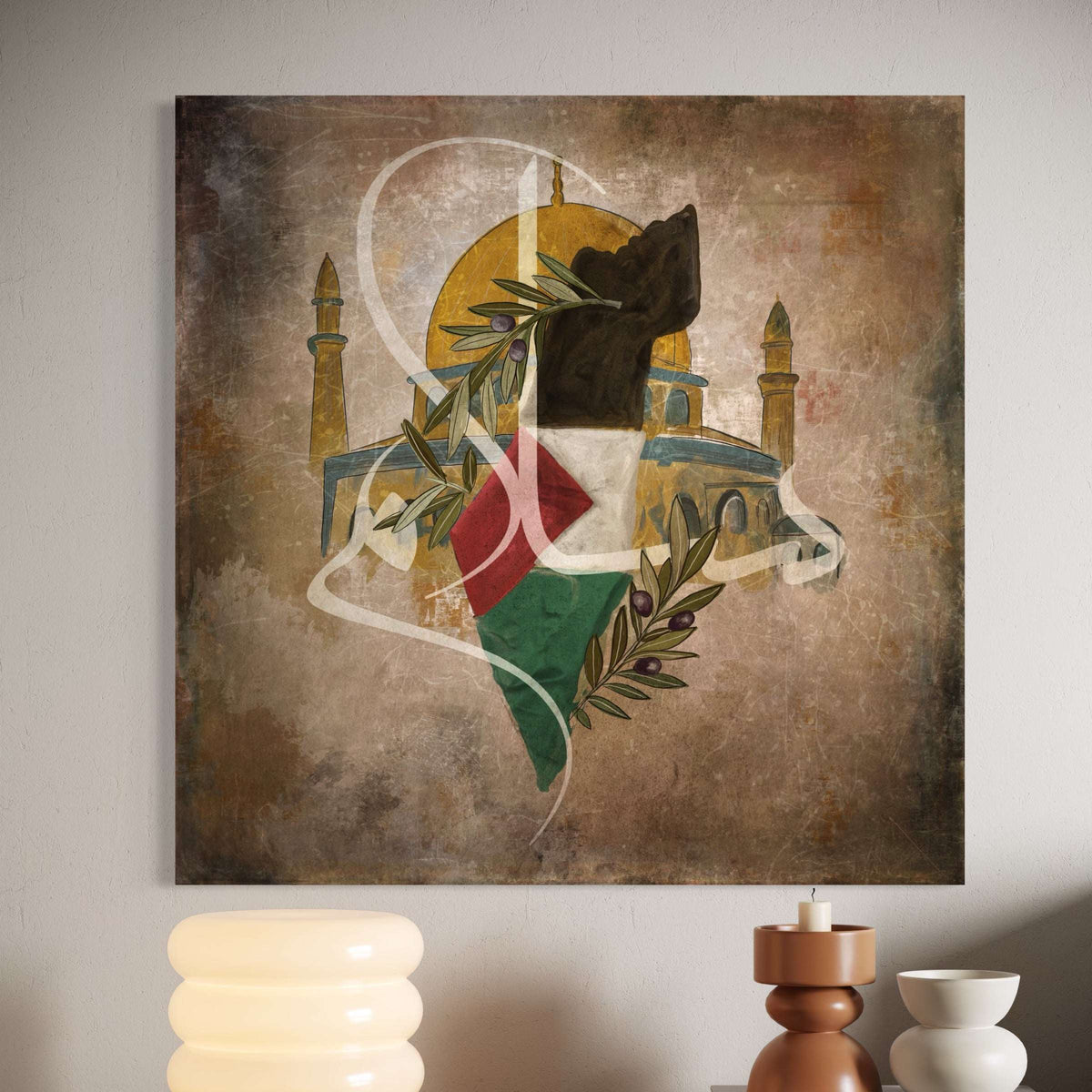 Palestine map with Masjid Al-Aqsa and olive leaves, Islamic canvas print