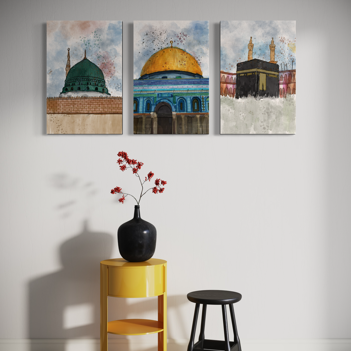 Makkah, Madinah and Masjid Al-Aqsa watercolour, set of 3 Islamic canvas prints – view 5