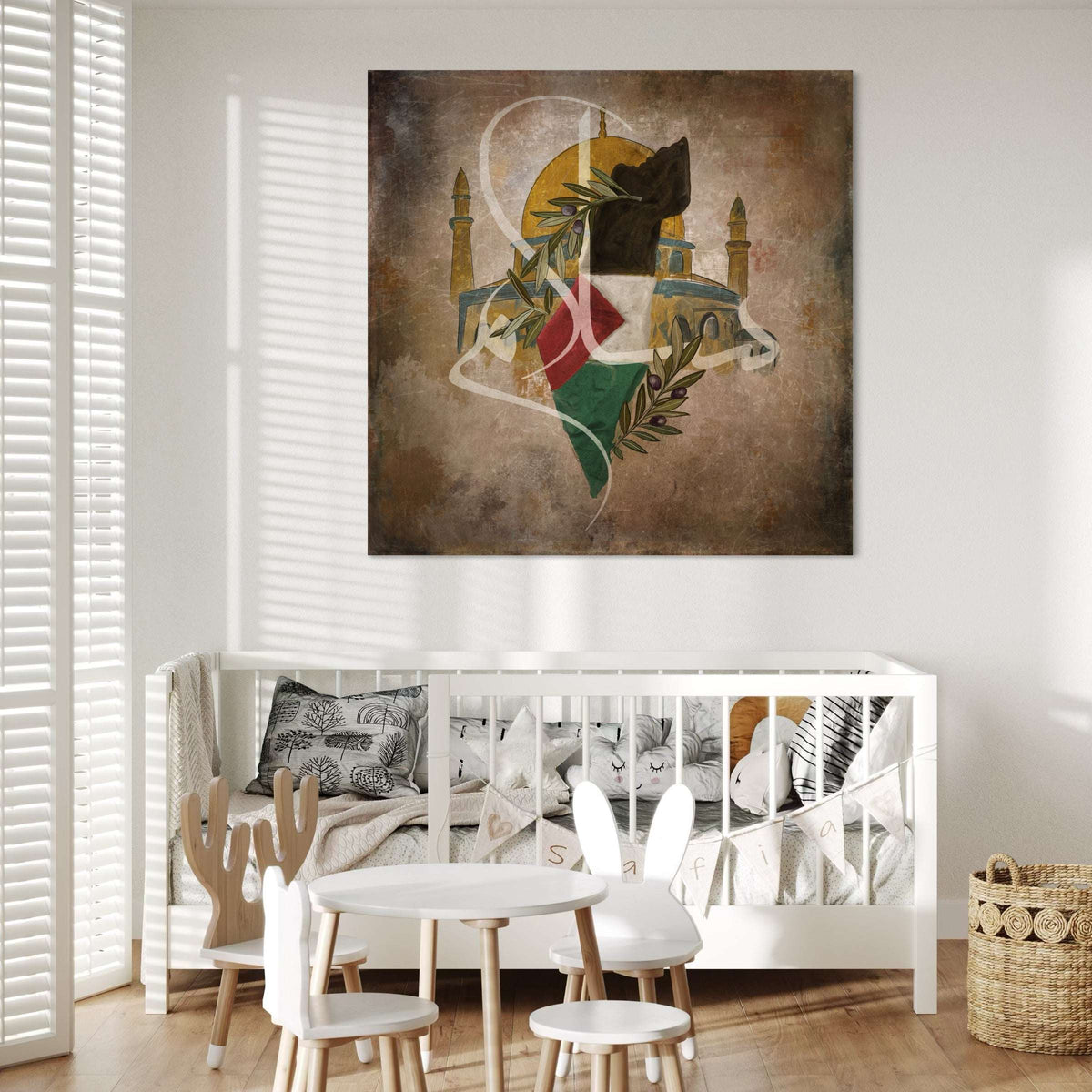 Palestine map with Masjid Al-Aqsa and olive leaves, Islamic canvas print – view 6