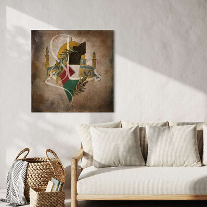 Palestine map with Masjid Al-Aqsa and olive leaves, Islamic canvas print – view 3