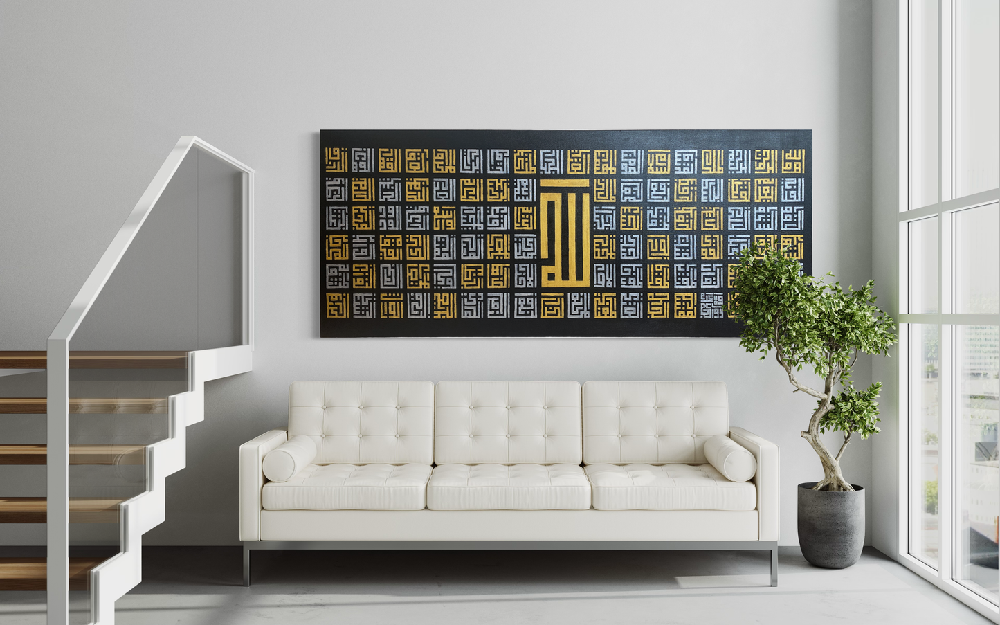 Asma Ul Husna - 99 names of Allah in square kufic Arabic Calligraphy on canvas | Islamic Hand Painted Canvas Art - ARHP1118